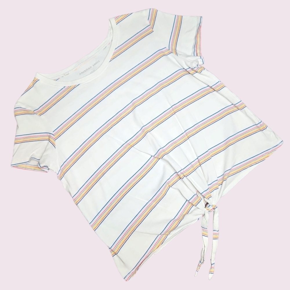 American Eagle Women's Short Sleeve Striped White Tee Size Small